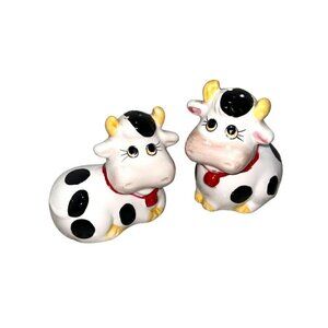 Cow Porcelain Salt & Pepper Shaker Set Horned White Black Yellow With Stoppers